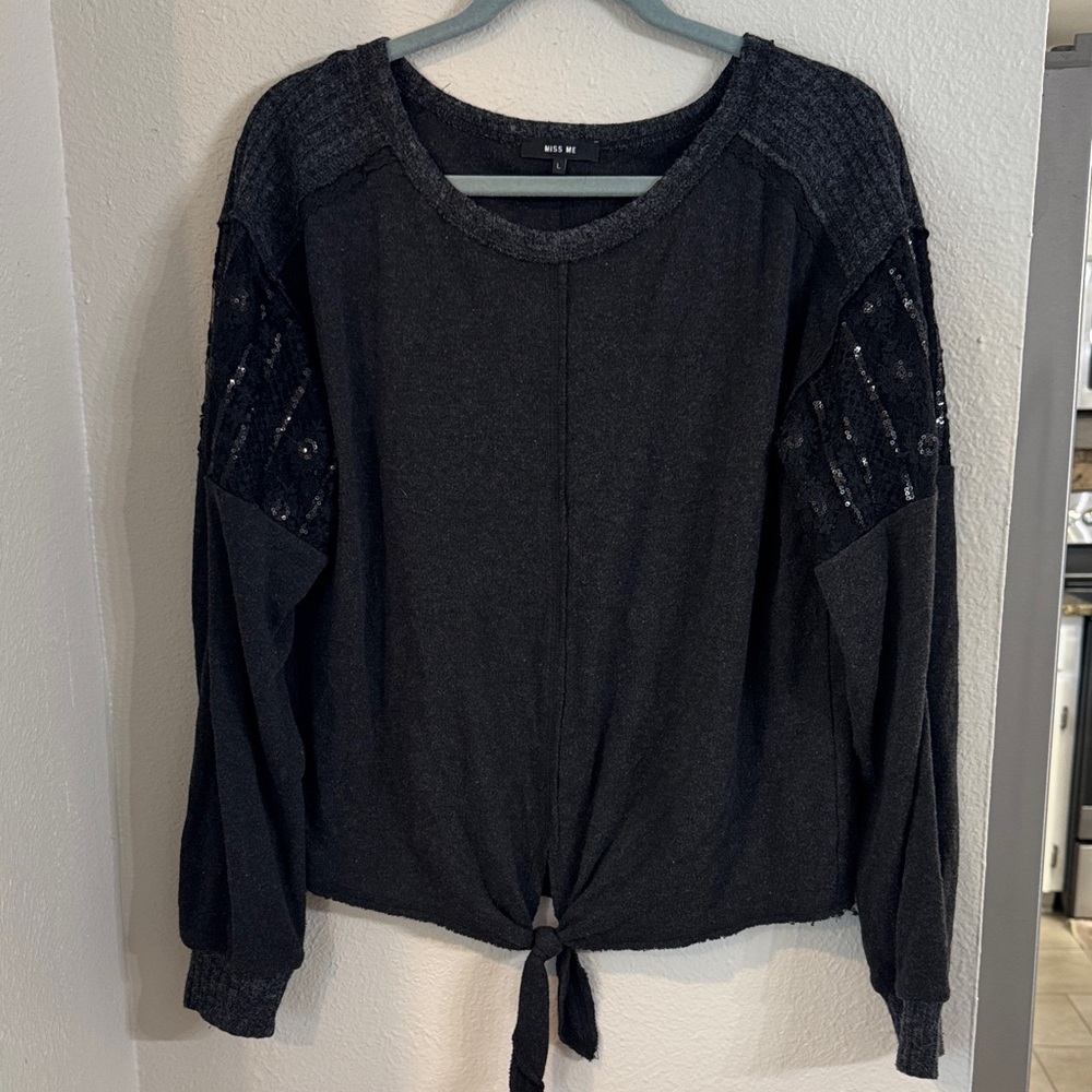 Miss Me Dark Gray Tie-Front Sweatshirt with Black Sequin Accents